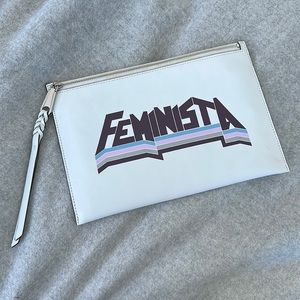 REBECCA MINKOFF LEATHER ZIP FEMINISTA GRAPHIC CLUTCH